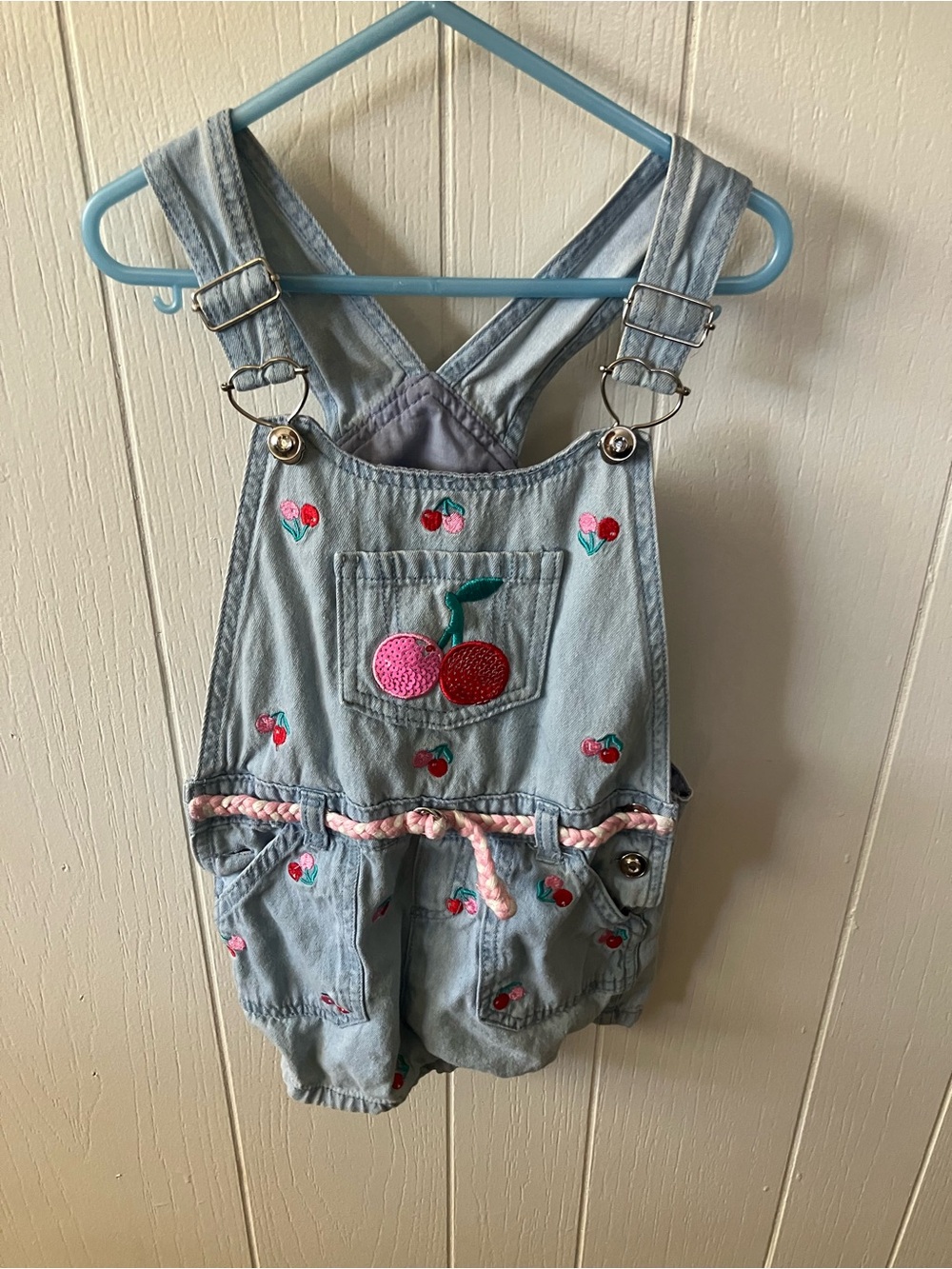 Light Blue Denim Cherry Embroidered Kids Overalls with Pink Belt